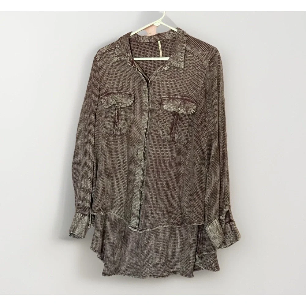 Free People Waffle Knit Thermal Button Raw Hem‎ Boho Oversized Shirt M Slouchy